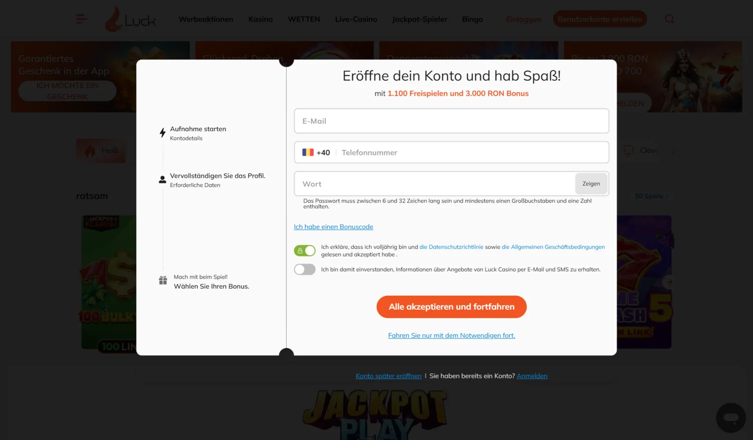 Luck Casino Registrierung und Anmelden